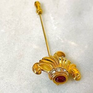 Vintage Gold Plated Pin Leaf Design W Red Cabochon Glass N White Stone Tip-3”